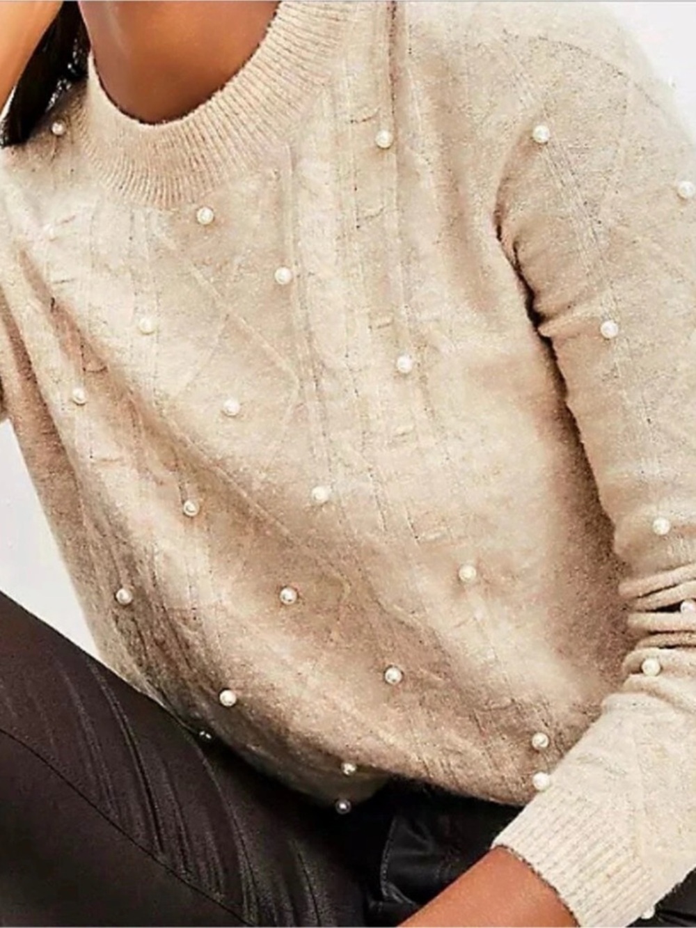 LOFT Pearl Embellished Cable Knit Sweater Beige/Tan Size Medium